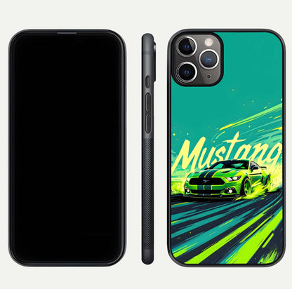 Mustang Bang Glass Case for iPhone 11 Pro Max close-up angled shot showing car emblem and HD reflection