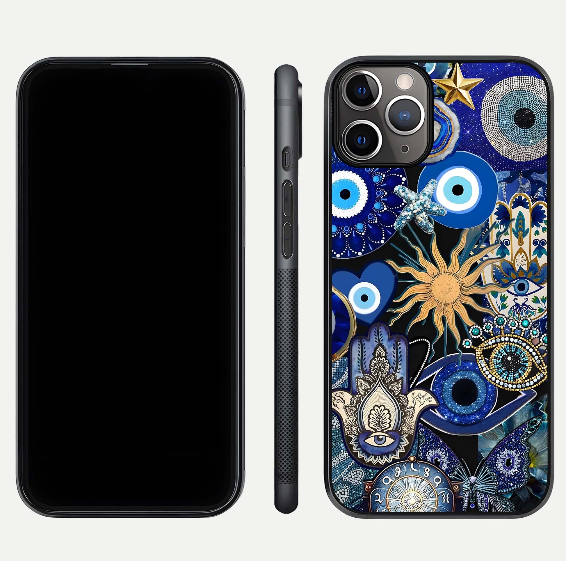 Mystic Blue Evil Eye Glass Case for iPhone 11 Pro Max close-up angled shot highlighting mystical glow and HD reflection
