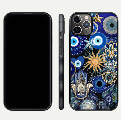 Mystic Blue Evil Eye Glass Case for iPhone 11 Pro Max close-up angled shot highlighting mystical glow and HD reflection