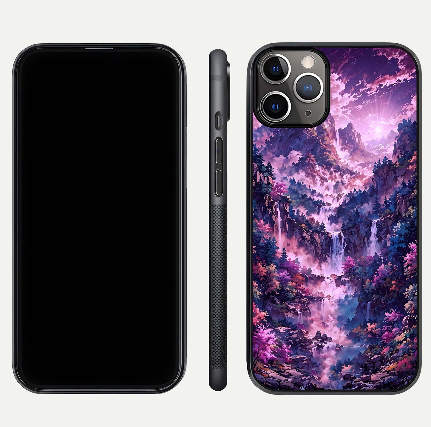 Mystic Cascade Peaks Glass Case for iPhone 11 Pro Max close-up angled shot showing peak reflections and color gradient