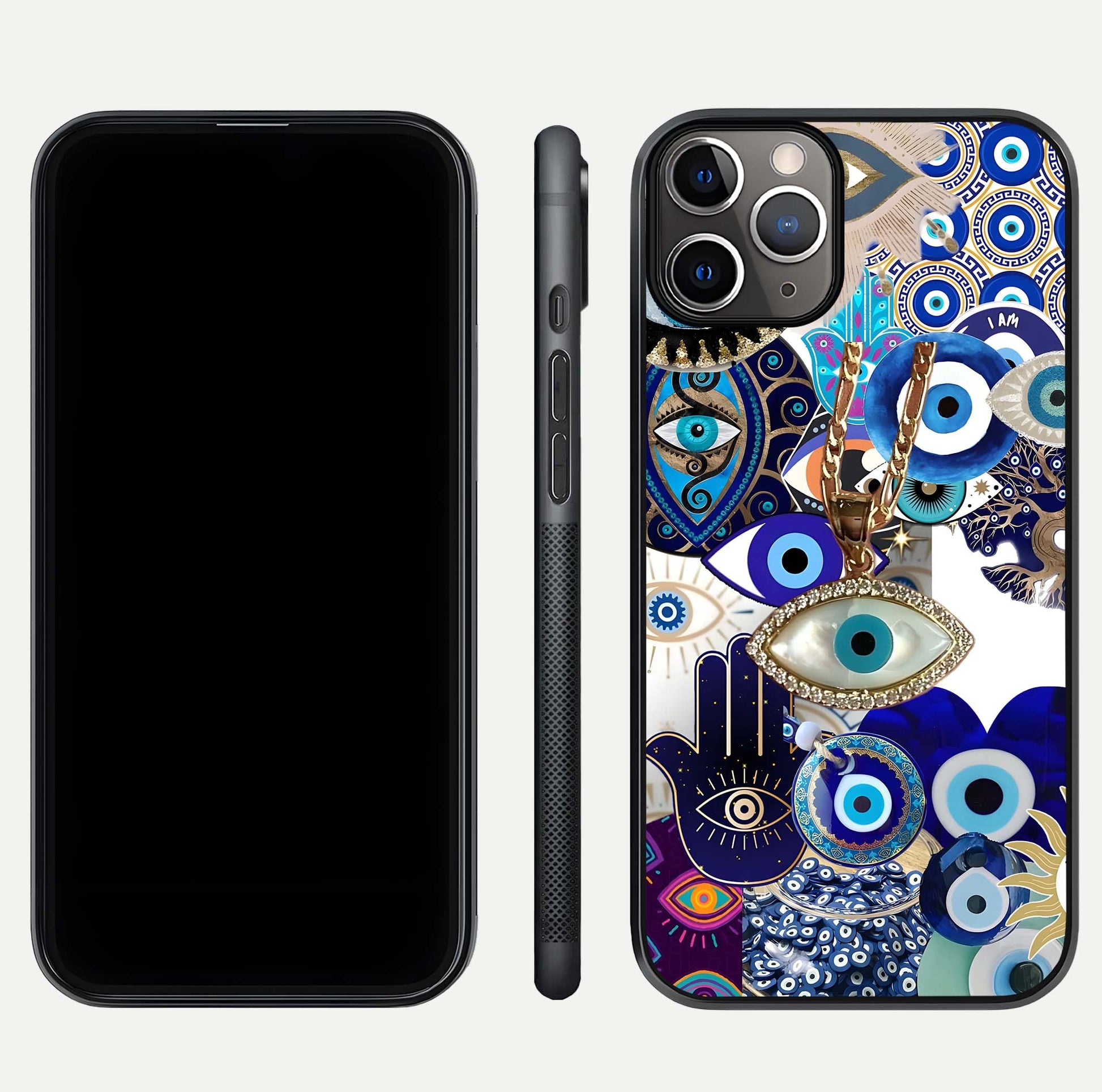 Mystic Charm Eye Glass Case for iPhone 11 Pro Max close-up angled shot showing detailed eye art and reflection