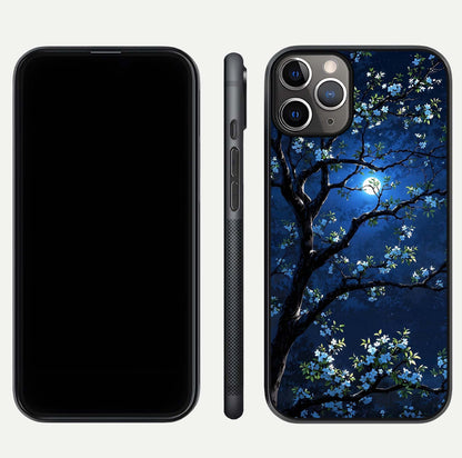 Mystic Floral Night Glass Case for iPhone 11 Pro Max close-up angled shot highlighting petal detail and HD reflection