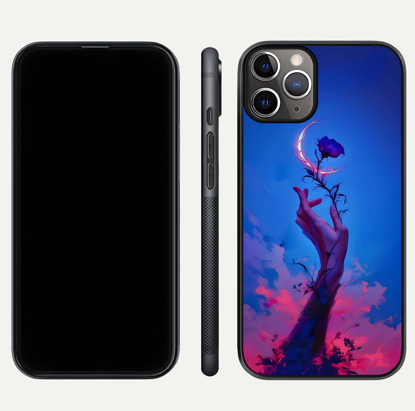 Mystic Hand Glass Case for iPhone 11 Pro Max close-up angled shot showing spiritual markings and reflection