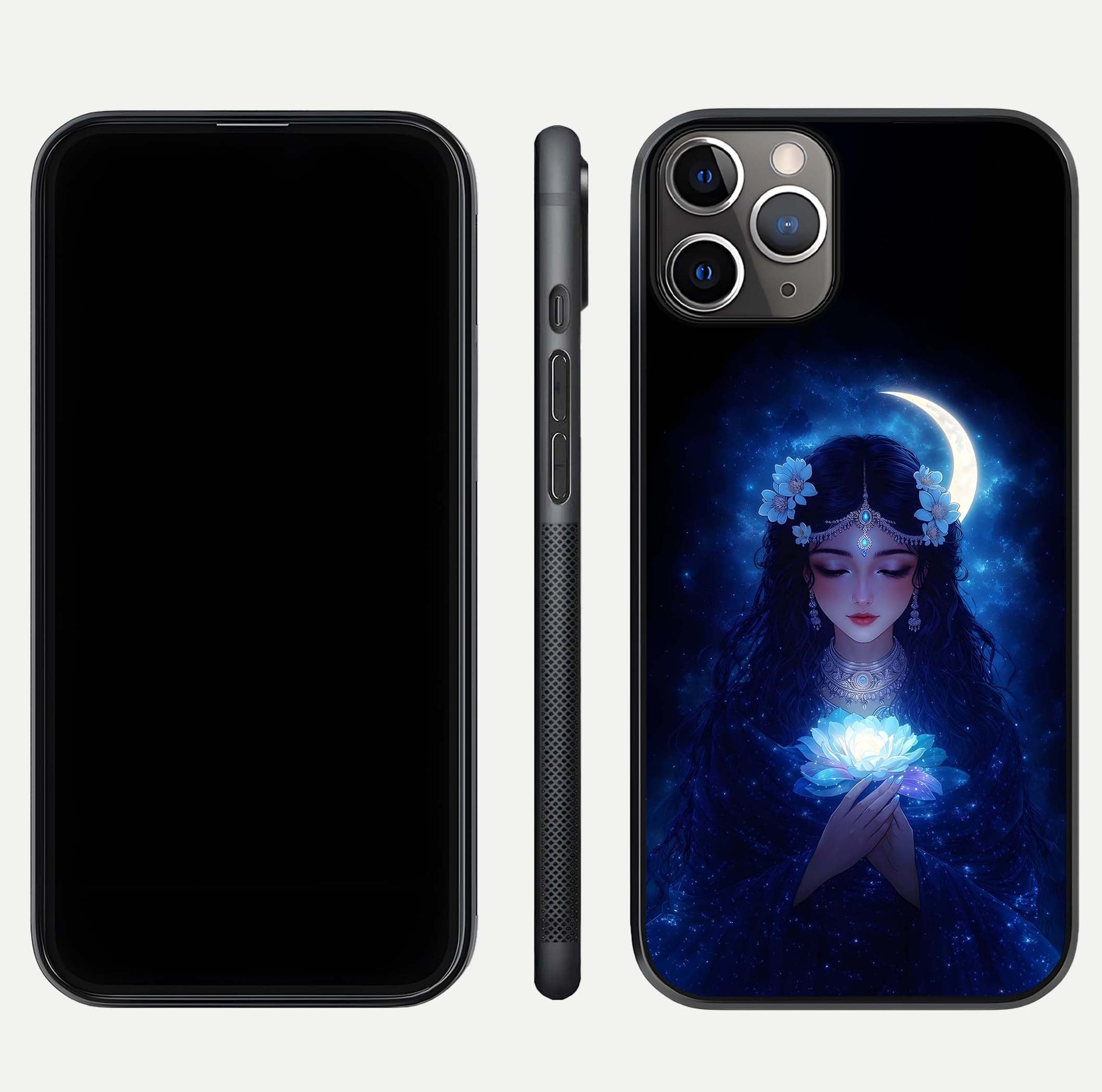 Mystic Moon Queen Glass Case for iPhone 11 Pro Max close-up angled shot showing shine and lunar tones