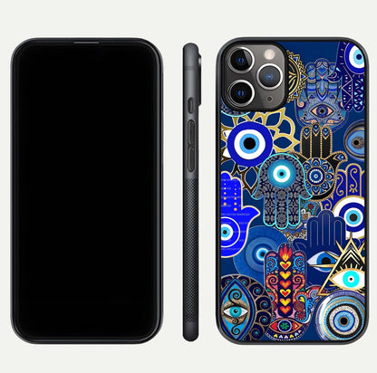 Mystic Palm Guard Glass Case for iPhone 11 Pro Max close-up angled shot showing eye symbol and fine texture