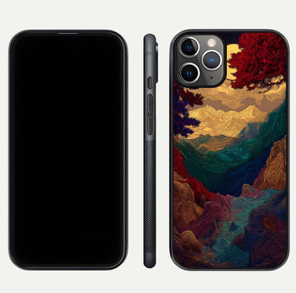 Mystic Valley Light Glass Case for iPhone 11 Pro Max close-up angled shot highlighting gradient sky and reflection