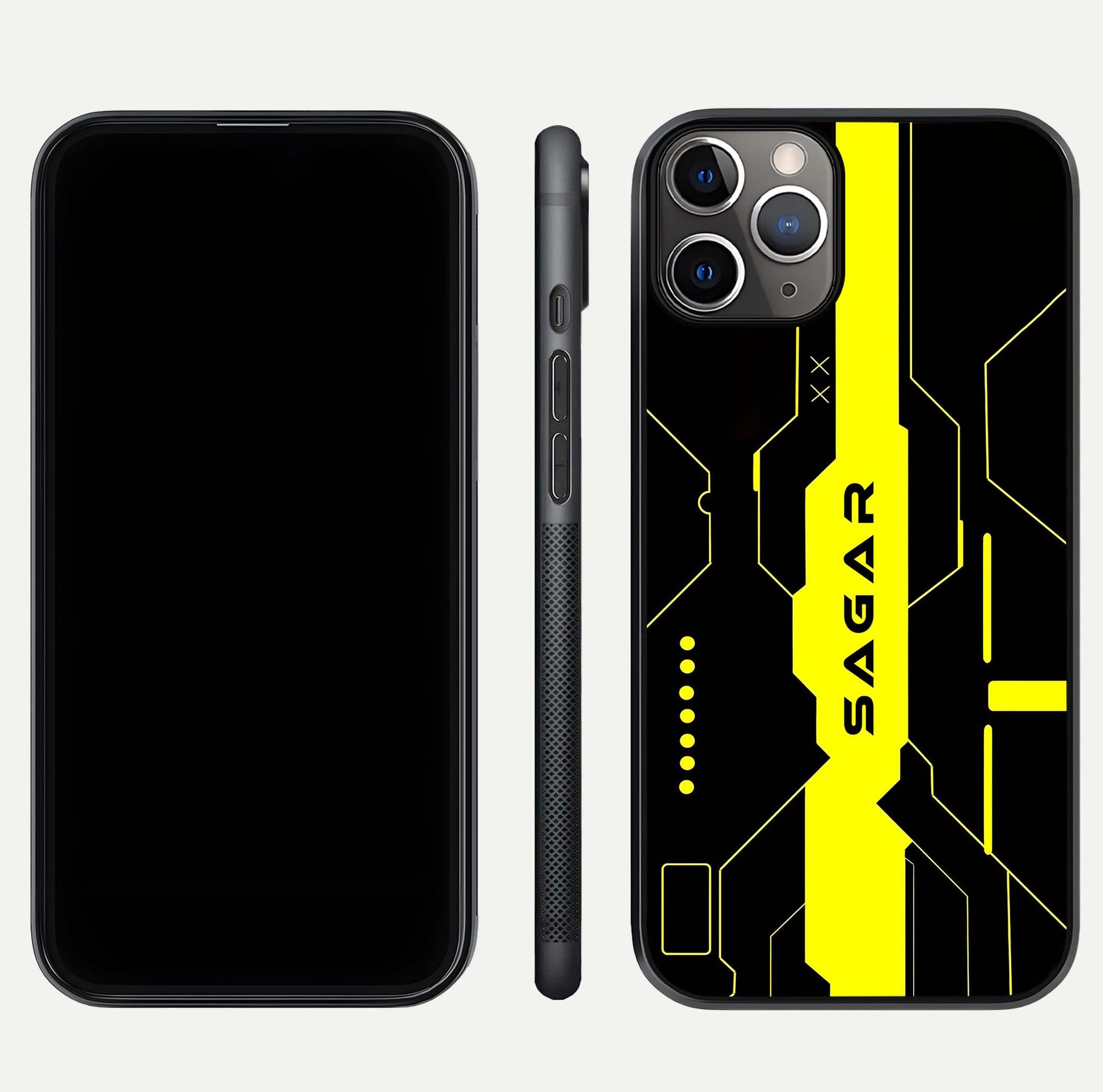 Neon CYBERPUNK Custom Name Glass Case for iPhone 11 Pro Max close-up angled shot highlighting electric colors and reflection