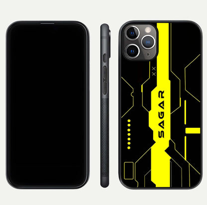 Neon CYBERPUNK Custom Name Glass Case for iPhone 11 Pro Max close-up angled shot highlighting electric colors and reflection