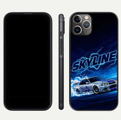 Neon Drift Beast Glass Case for iPhone 11 Pro Max close-up angled shot highlighting glowing streaks and vivid reflection