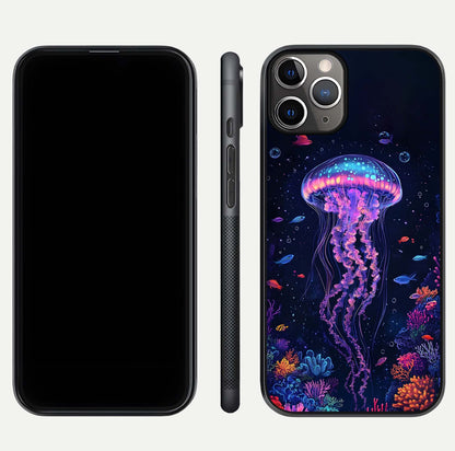 Neon Jellyfish Glass Case for iPhone 11 Pro Max close-up angled shot showing translucent jellyfish and shine reflection