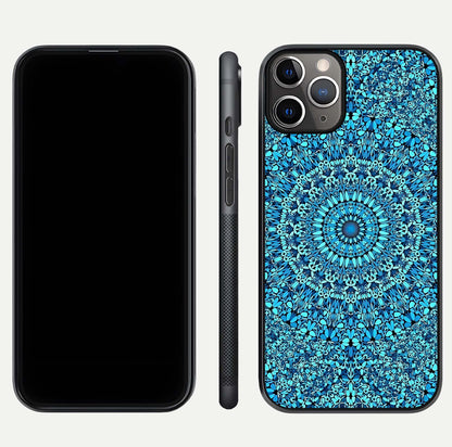 Ocean Bloom Mandala Glass Case for iPhone 11 Pro Max close-up angled shot highlighting detailed mandala and reflection
