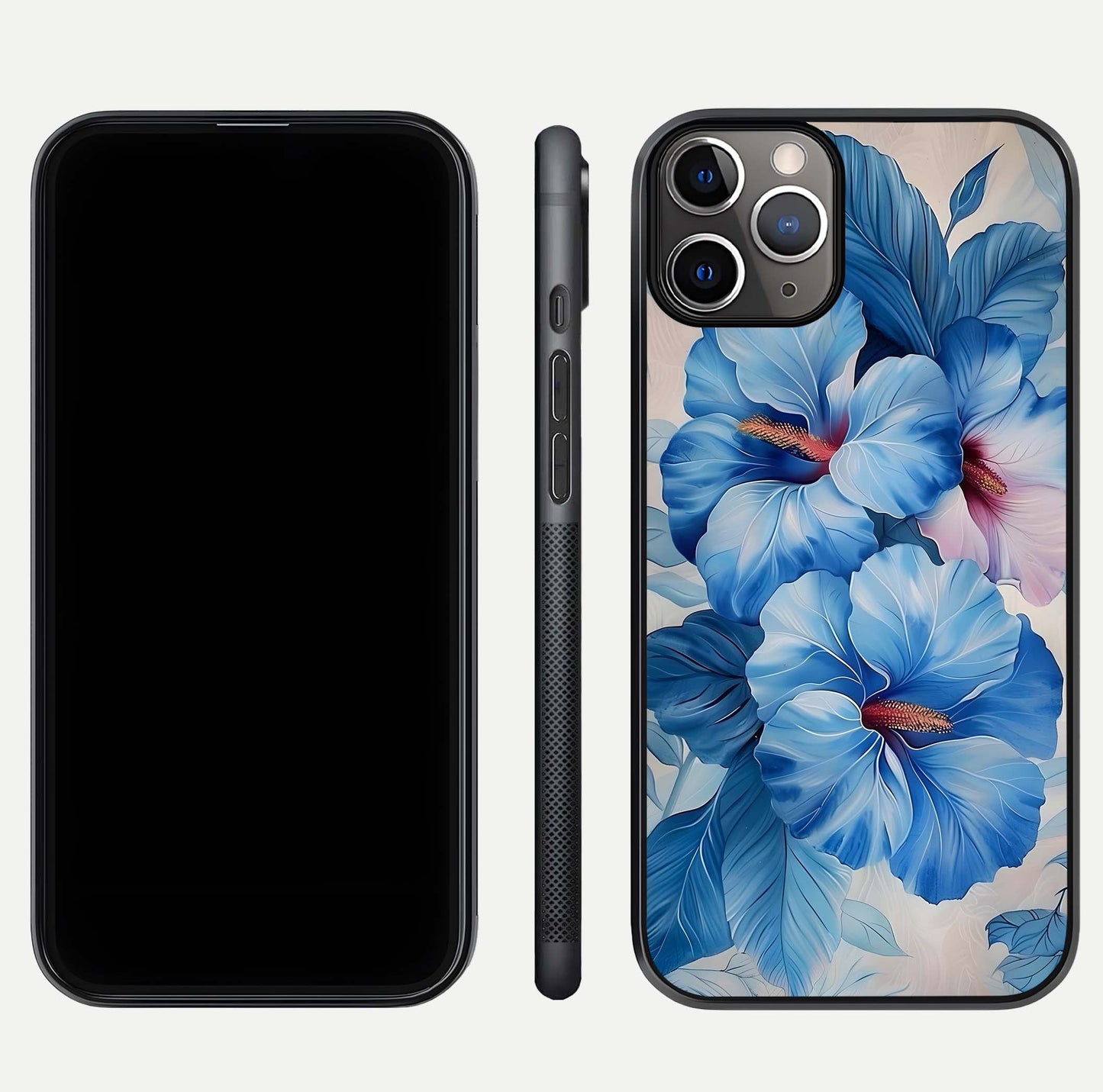 Ocean Hibiscus Grace Glass Case for iPhone 11 Pro Max close-up angled shot highlighting floral glow and HD shine