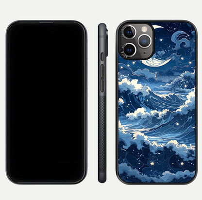 Ocean Moon Waves Glass Case for iPhone 11 Pro Max close-up angled shot showing HD reflection and calm tones