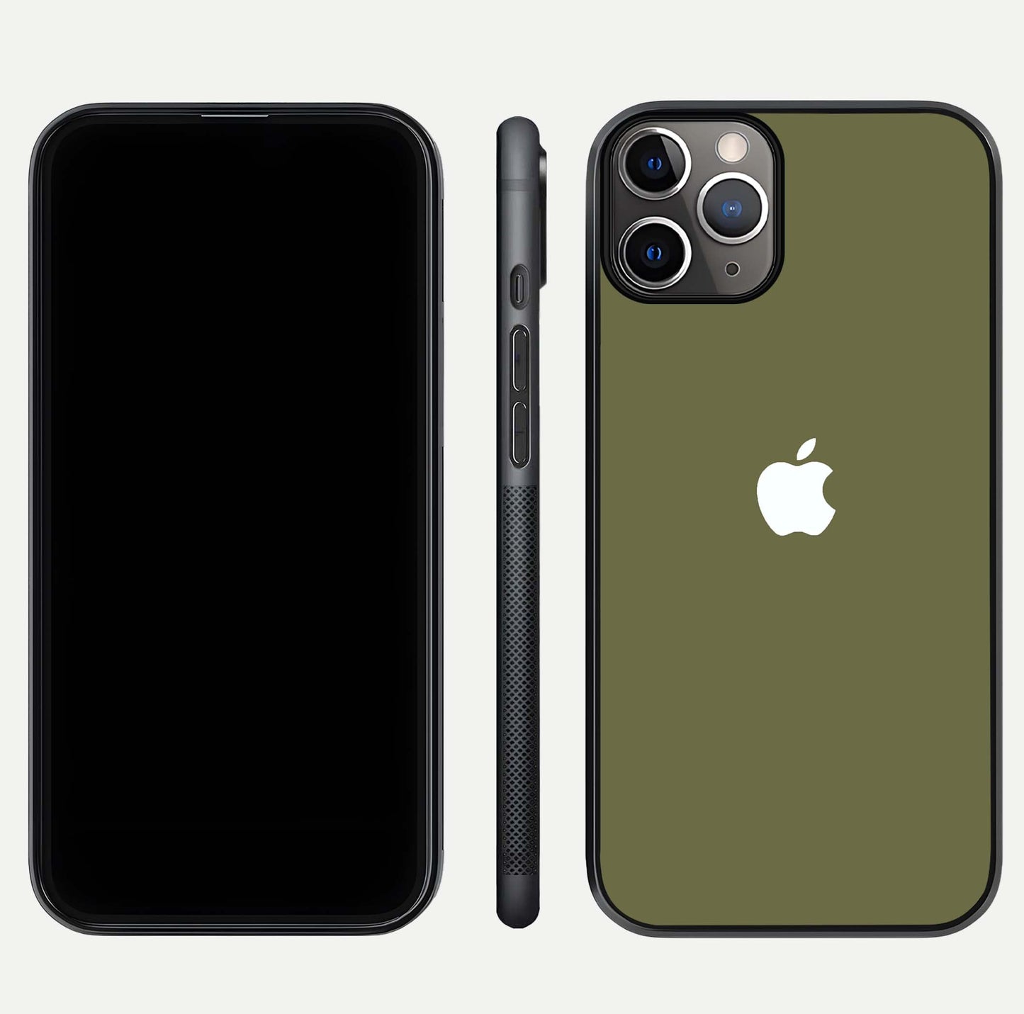 Olive Matte Essence Glass Case for iPhone 11 Pro Max close-up angled shot showing soft reflection and minimal finish