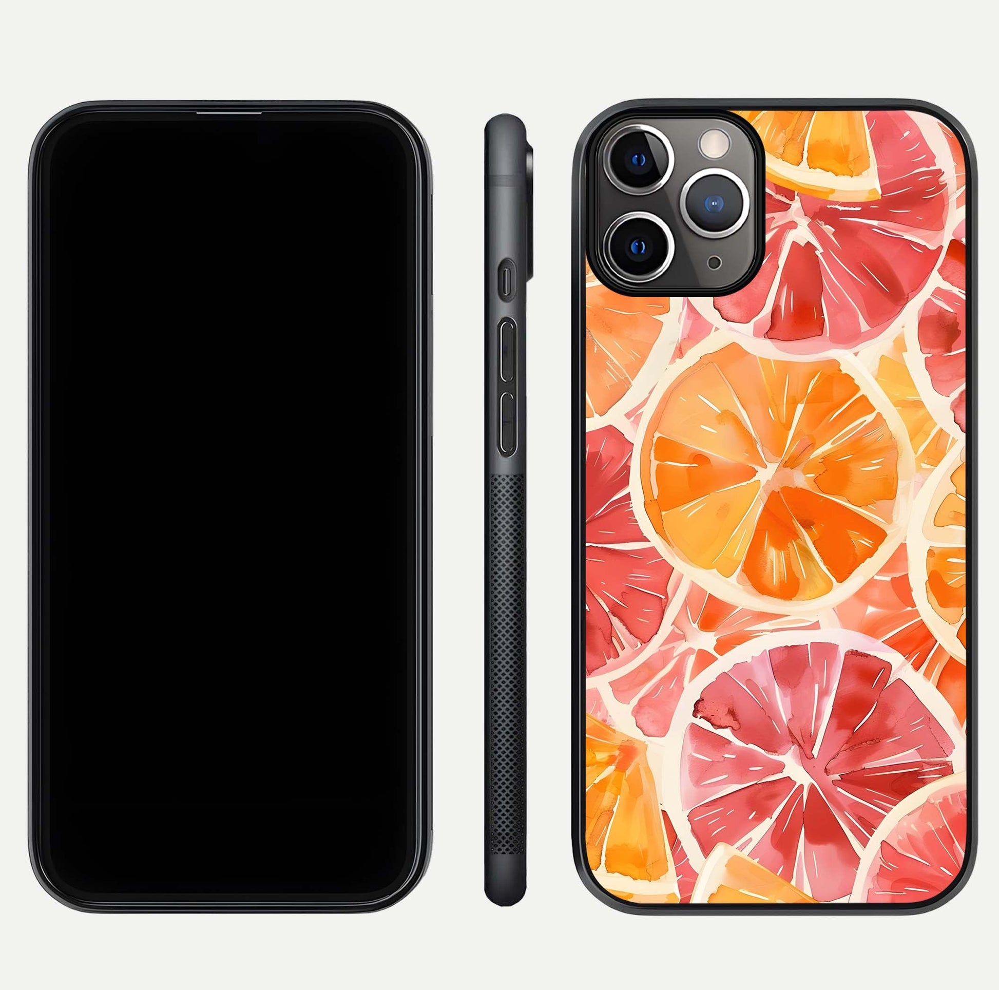 Orange Fruits Pattern Glass Case for iPhone 11 Pro Max close-up angled shot showing juicy fruit texture and reflection
