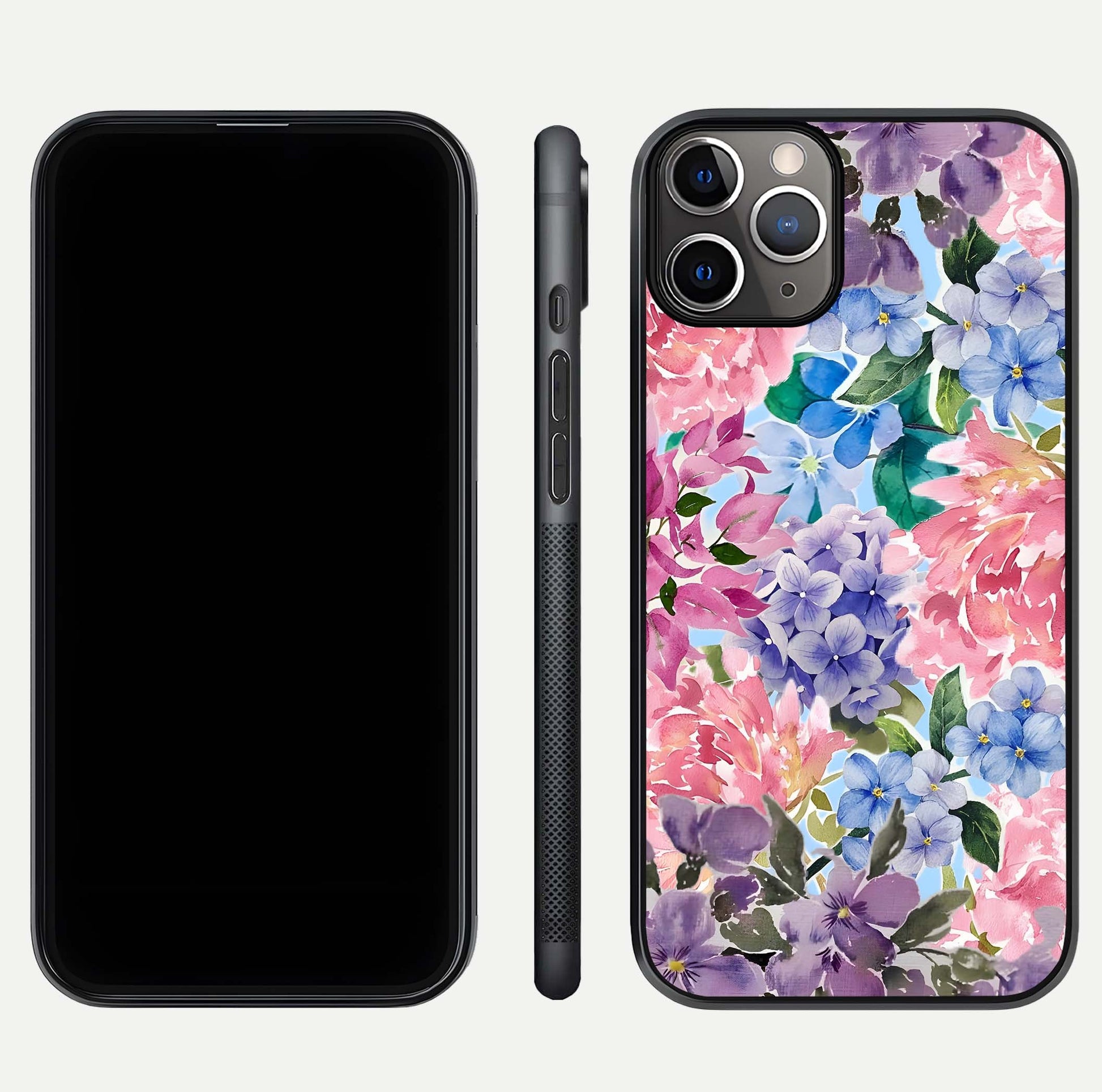 Pastel Floral Mix Glass Case for iPhone 11 Pro Max close-up angled shot highlighting flower detail and reflection