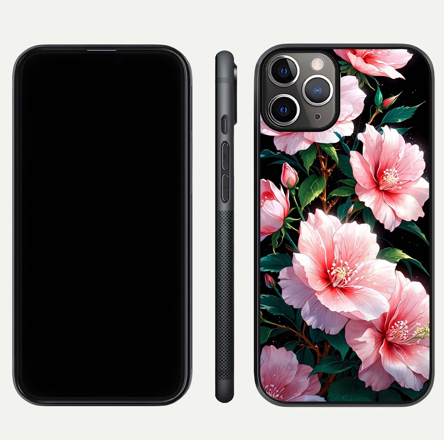 Peach Flower Glass Case for iPhone 11 Pro Max close-up angled shot highlighting floral petals and HD glass reflection