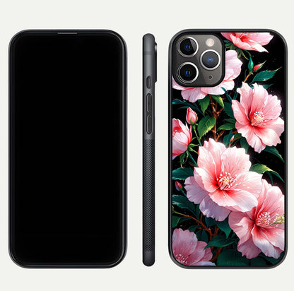 Peach Flower Glass Case for iPhone 11 Pro Max close-up angled shot highlighting floral petals and HD glass reflection