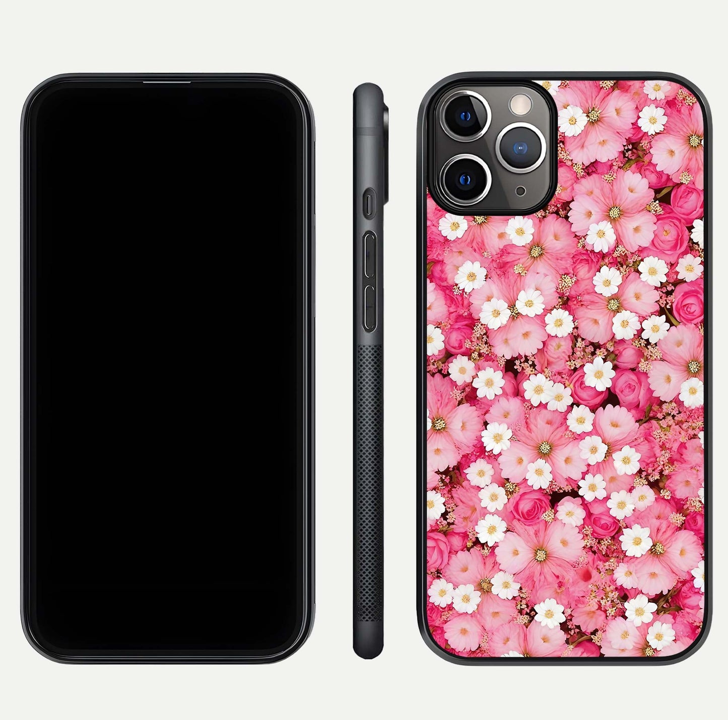 Pink Daisy Bliss Glass Case for iPhone 11 Pro Max close-up angled shot highlighting daisy detail and reflection glow