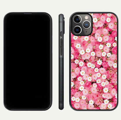 Pink Daisy Bliss Glass Case for iPhone 11 Pro Max close-up angled shot highlighting daisy detail and reflection glow