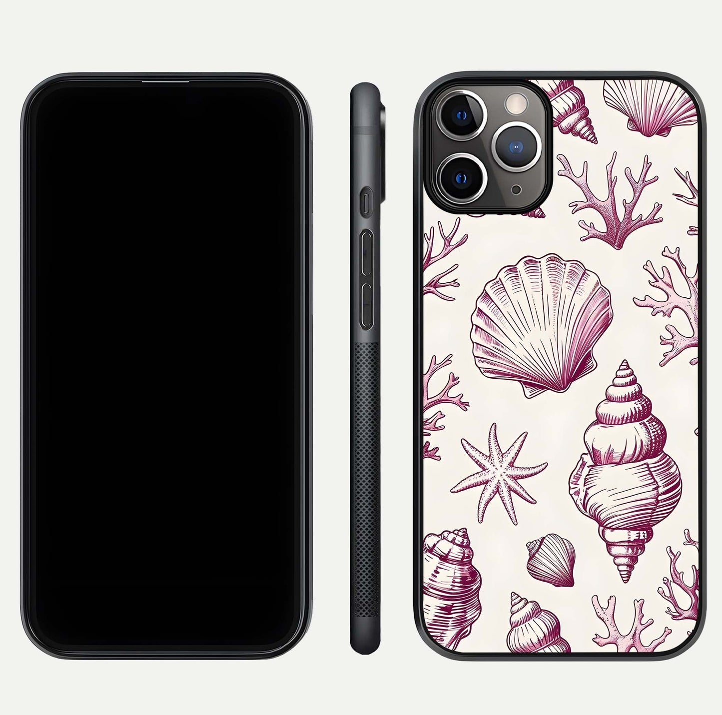 Pink Shells Outline Glass Case for iPhone 11 Pro Max close-up angled shot showing fine shell lines and reflection
