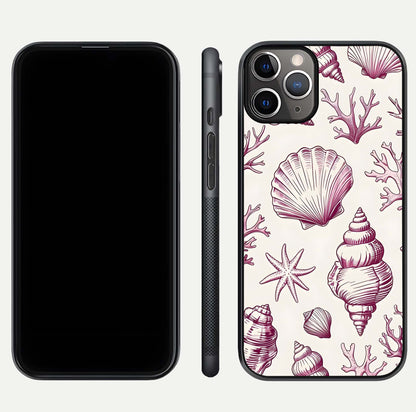 Pink Shells Outline Glass Case for iPhone 11 Pro Max close-up angled shot showing fine shell lines and reflection