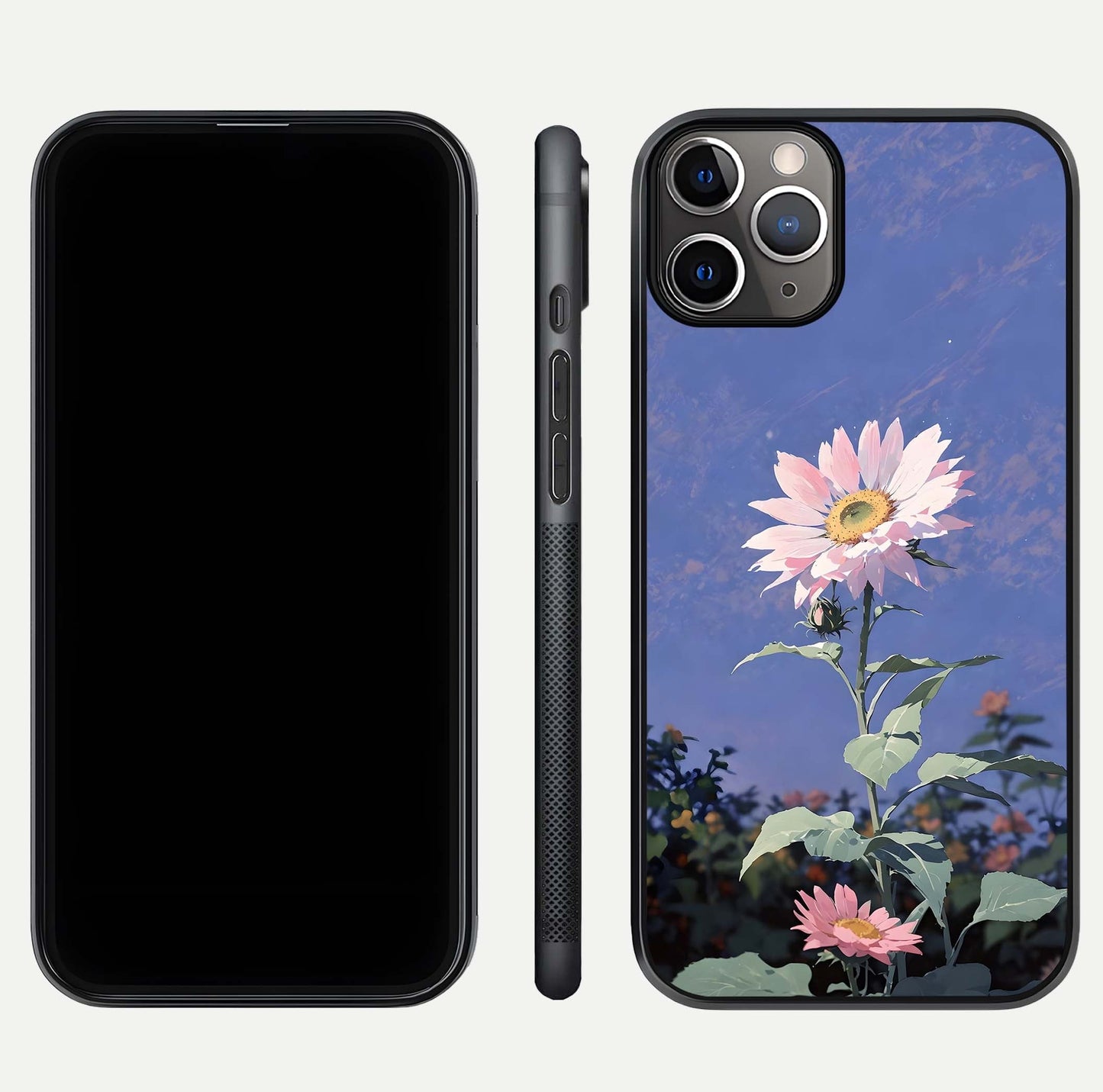 Pink Sunflower Glow Glass Case for iPhone 11 Pro Max close-up angled shot highlighting petal texture and reflection