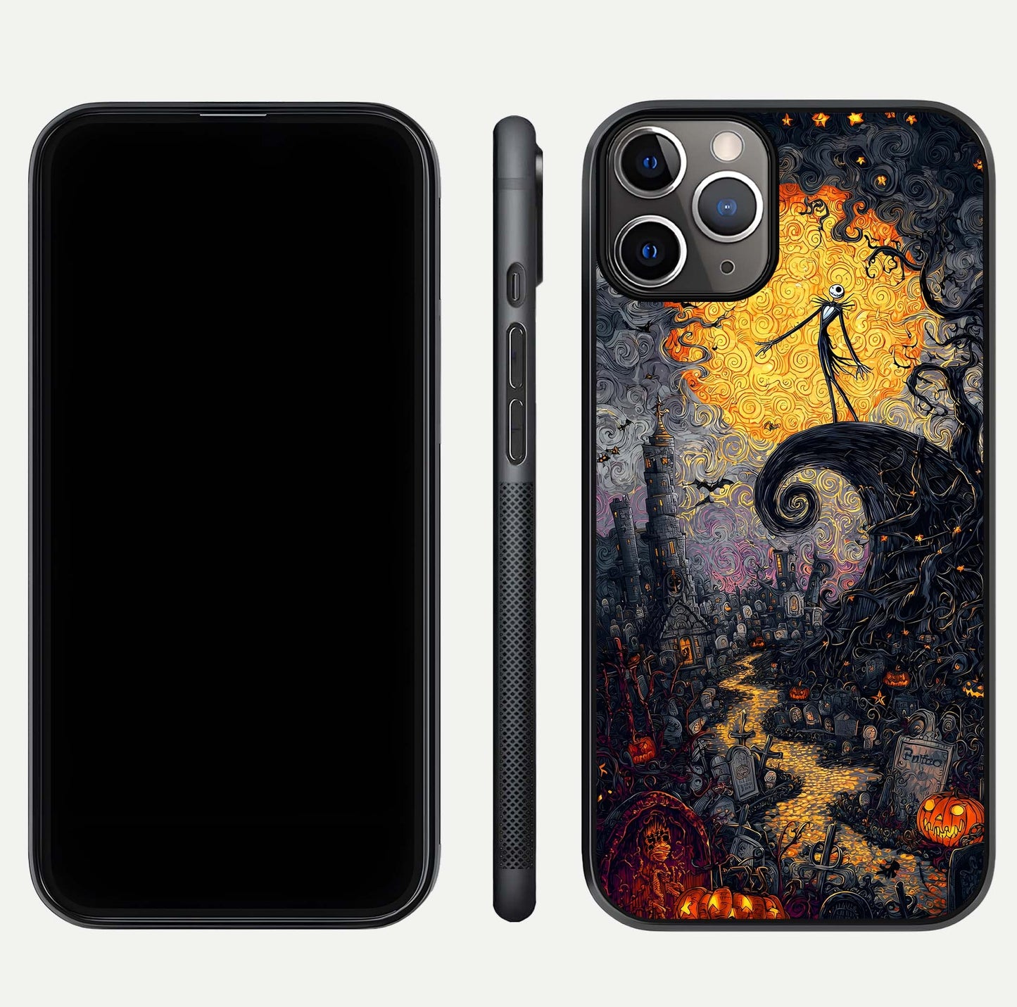 Pumpkin Moon Night Glass Case for iPhone 11 Pro Max close-up angled shot showing moon reflection and Halloween glow