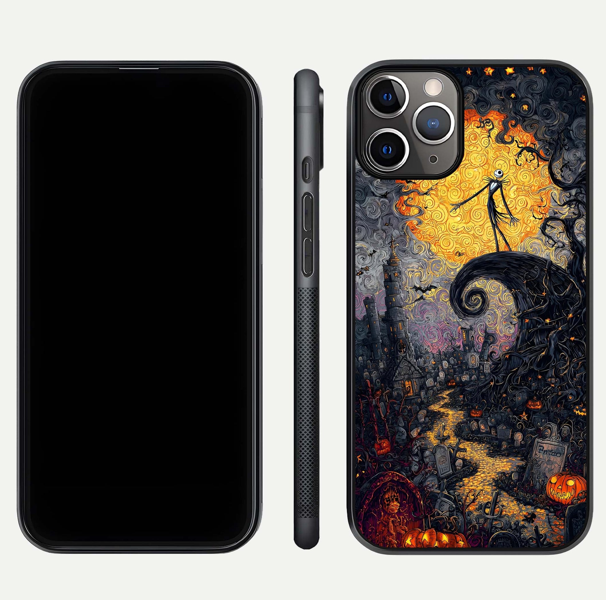 Pumpkin Moon Night Glass Case for iPhone 11 Pro Max close-up angled shot showing moon reflection and Halloween glow