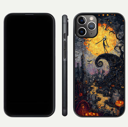 Pumpkin Moon Night Glass Case for iPhone 11 Pro Max close-up angled shot showing moon reflection and Halloween glow