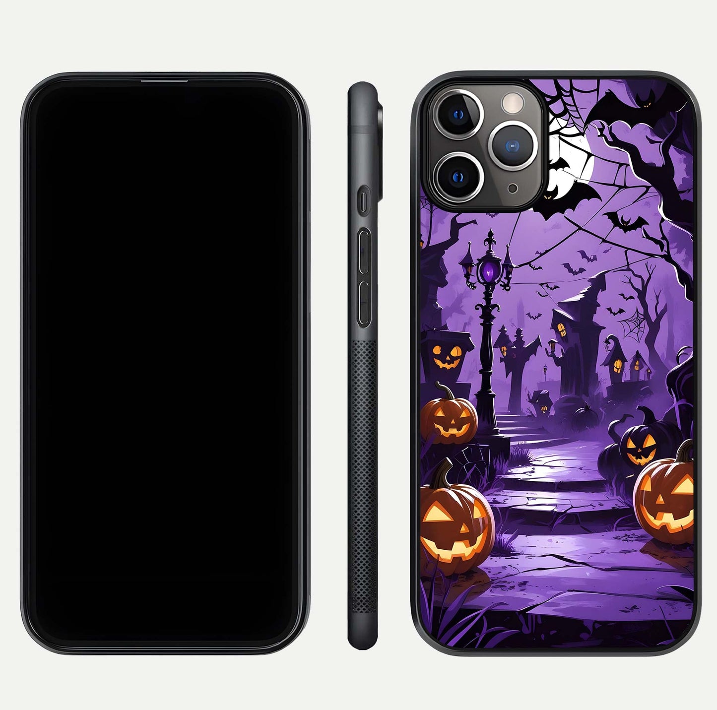 Pumpkin Patch Halloween Glass Case for iPhone 11 Pro Max close-up angled shot highlighting pumpkin texture and shine