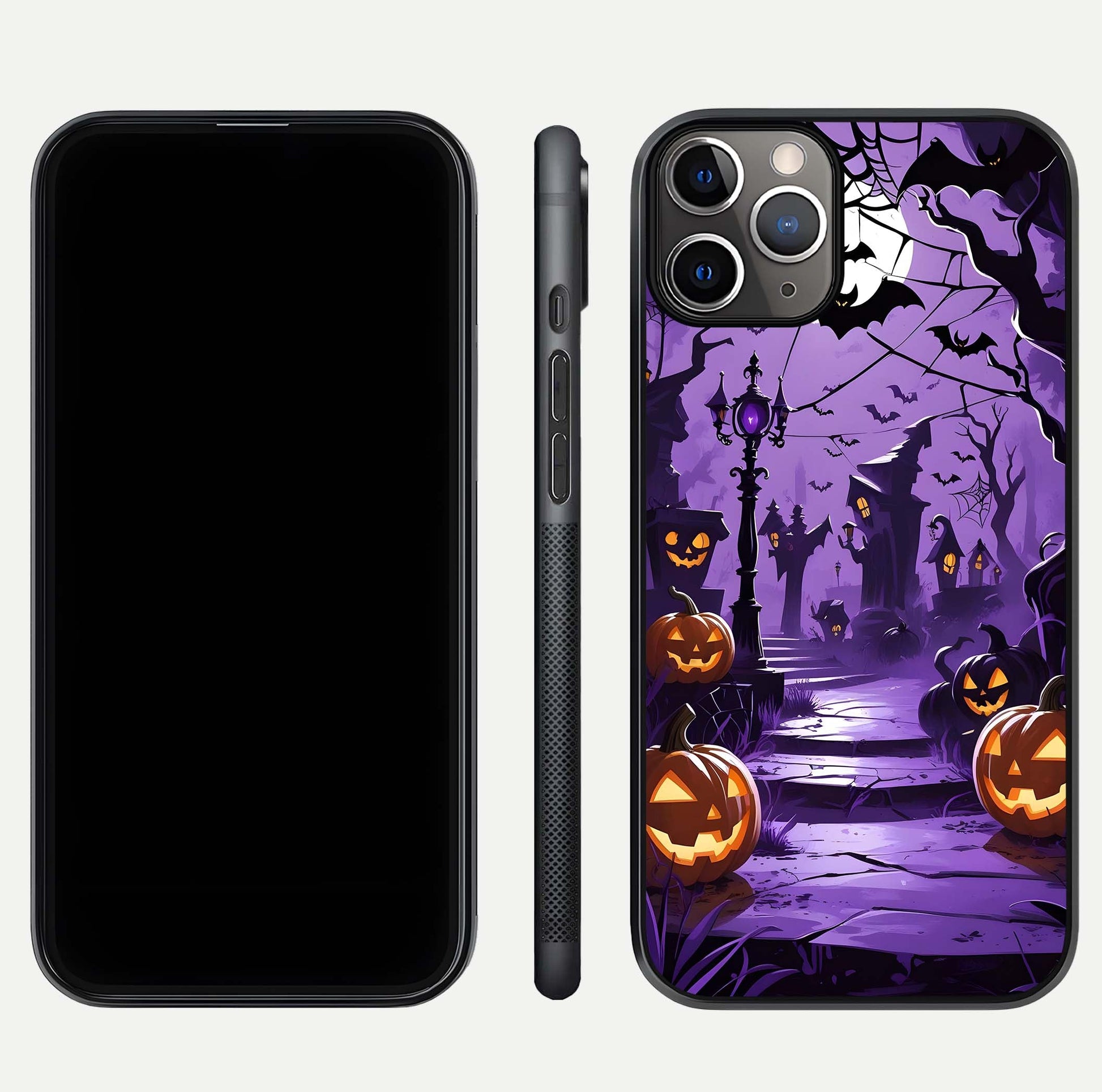 Pumpkin Patch Halloween Glass Case for iPhone 11 Pro Max close-up angled shot highlighting pumpkin texture and shine