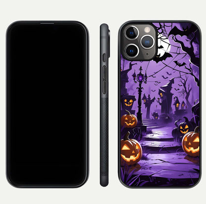 Pumpkin Patch Halloween Glass Case for iPhone 11 Pro Max close-up angled shot highlighting pumpkin texture and shine