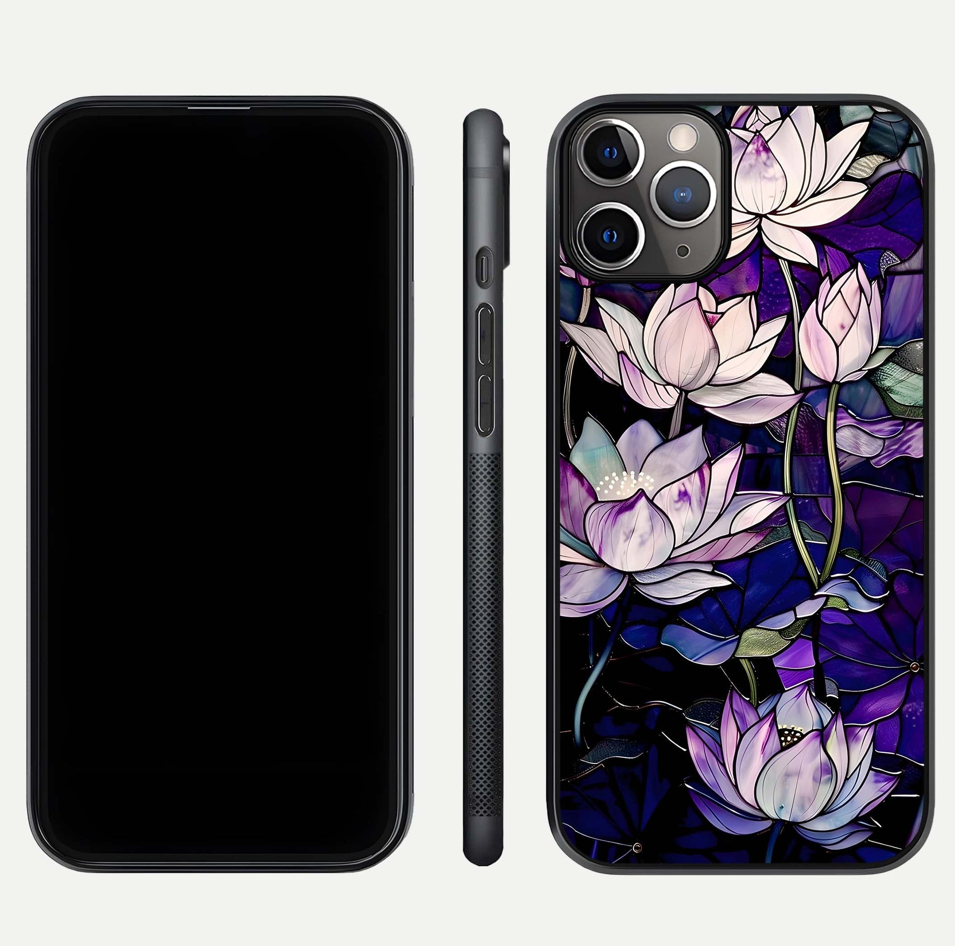 Purple Lotus Pattern Glass Case for iPhone 11 Pro Max close-up angled shot showing petal texture and HD reflection