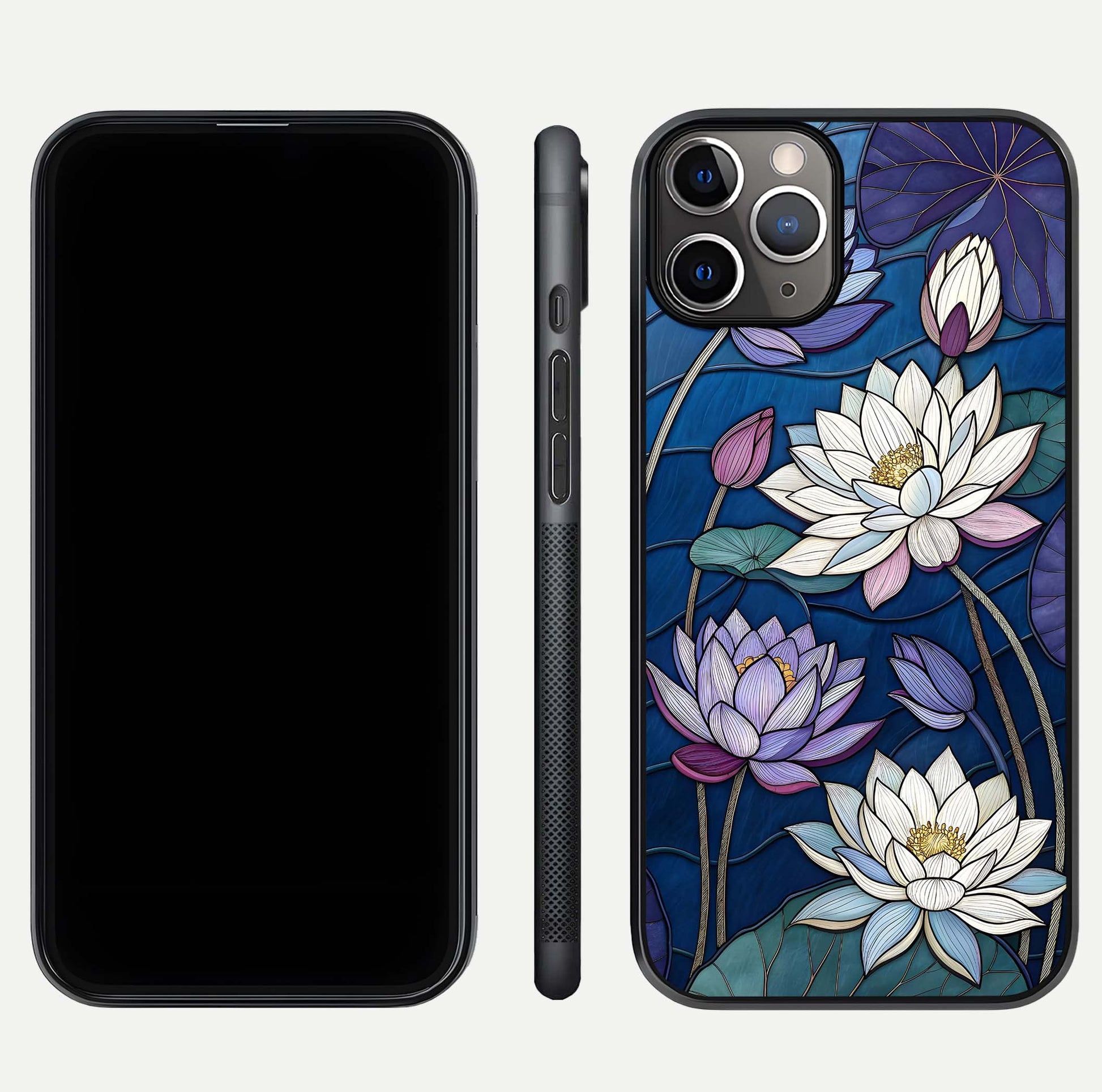 Purple Lotus Stained Glass Case for iPhone 11 Pro Max close-up angled shot highlighting glass pattern and reflection