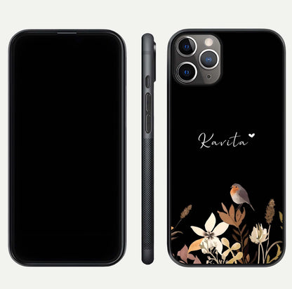 Quiet Garden Tune Custom Name Glass Case for iPhone 11 Pro Max close-up angled shot showing soft tones and gloss reflection