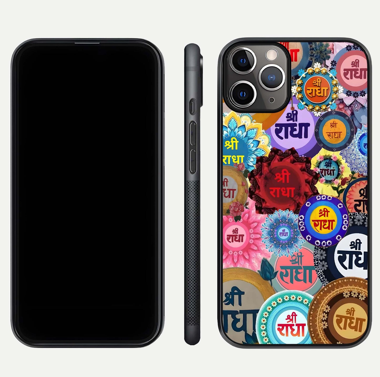 Radha Divine Bloom Glass Case for iPhone 11 Pro Max close-up angled shot highlighting divine detailing and shine