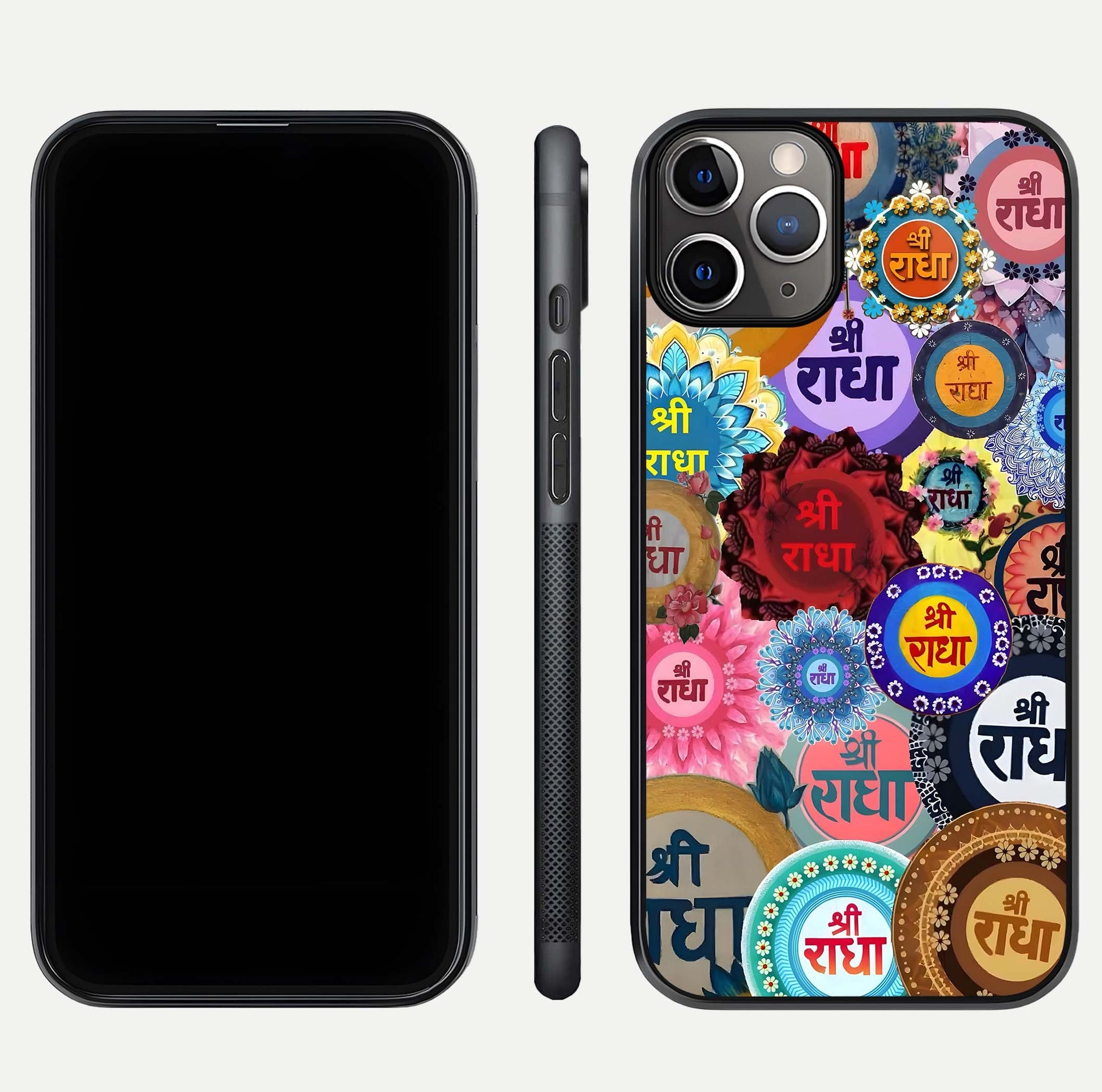 Radha Divine Bloom Glass Case for iPhone 11 Pro Max close-up angled shot highlighting divine detailing and shine