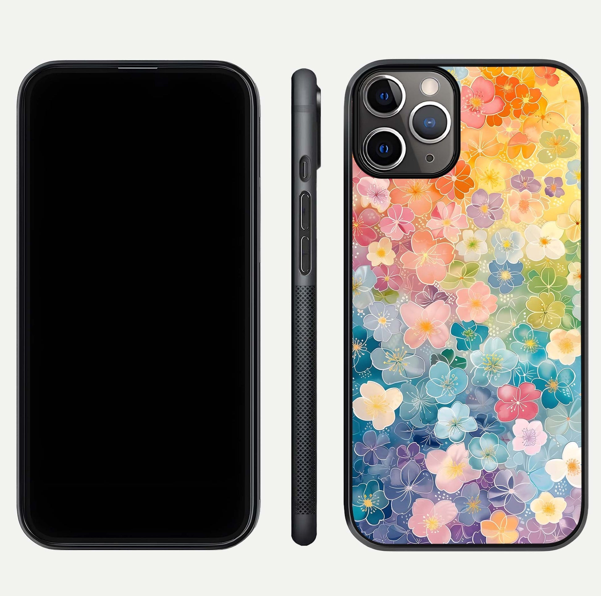 Rainbow Blossom Burst Glass Case for iPhone 11 Pro Max close-up angled shot showing petal colors and reflection