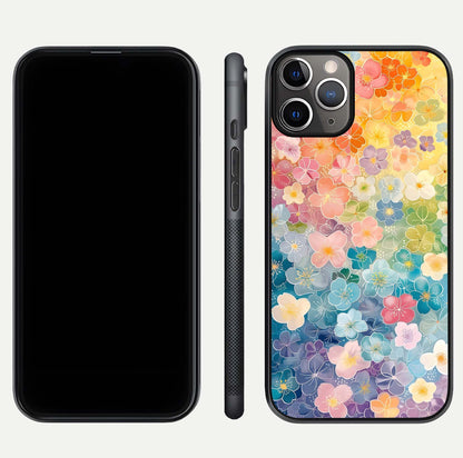 Rainbow Blossom Burst Glass Case for iPhone 11 Pro Max close-up angled shot showing petal colors and reflection