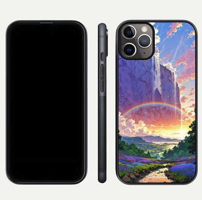 Rainbow Valley Dream Glass Case for iPhone 16 Pro close-up angled shot highlighting gradient tones and HD shine