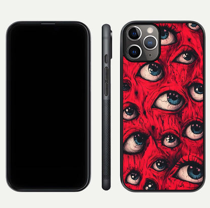 Red Eyes Pattern Glass Case for iPhone 11 Pro Max close-up angled shot highlighting vivid contrast and HD shine