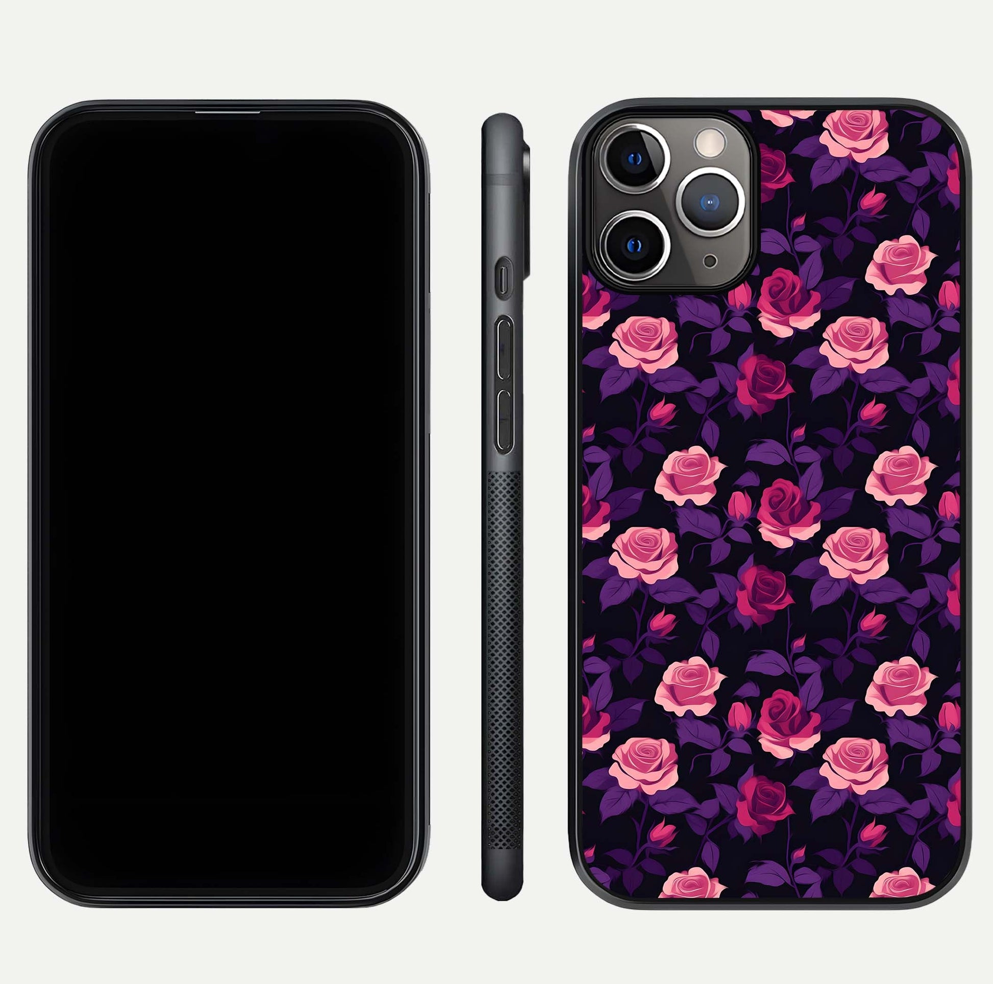 Rose Garden Twilight Glass Case for iPhone 11 Pro Max close-up angled shot highlighting rose contrast and reflection