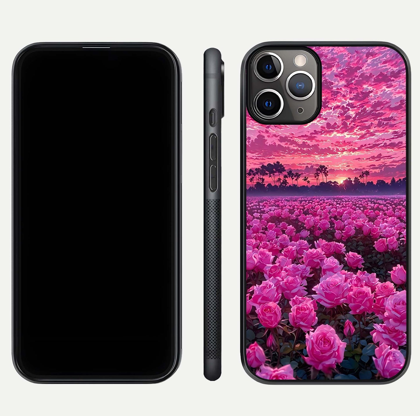 Rose Sunset Valley Glass Case for iPhone 11 Pro Max close-up angled shot showing rose detailing and golden hues