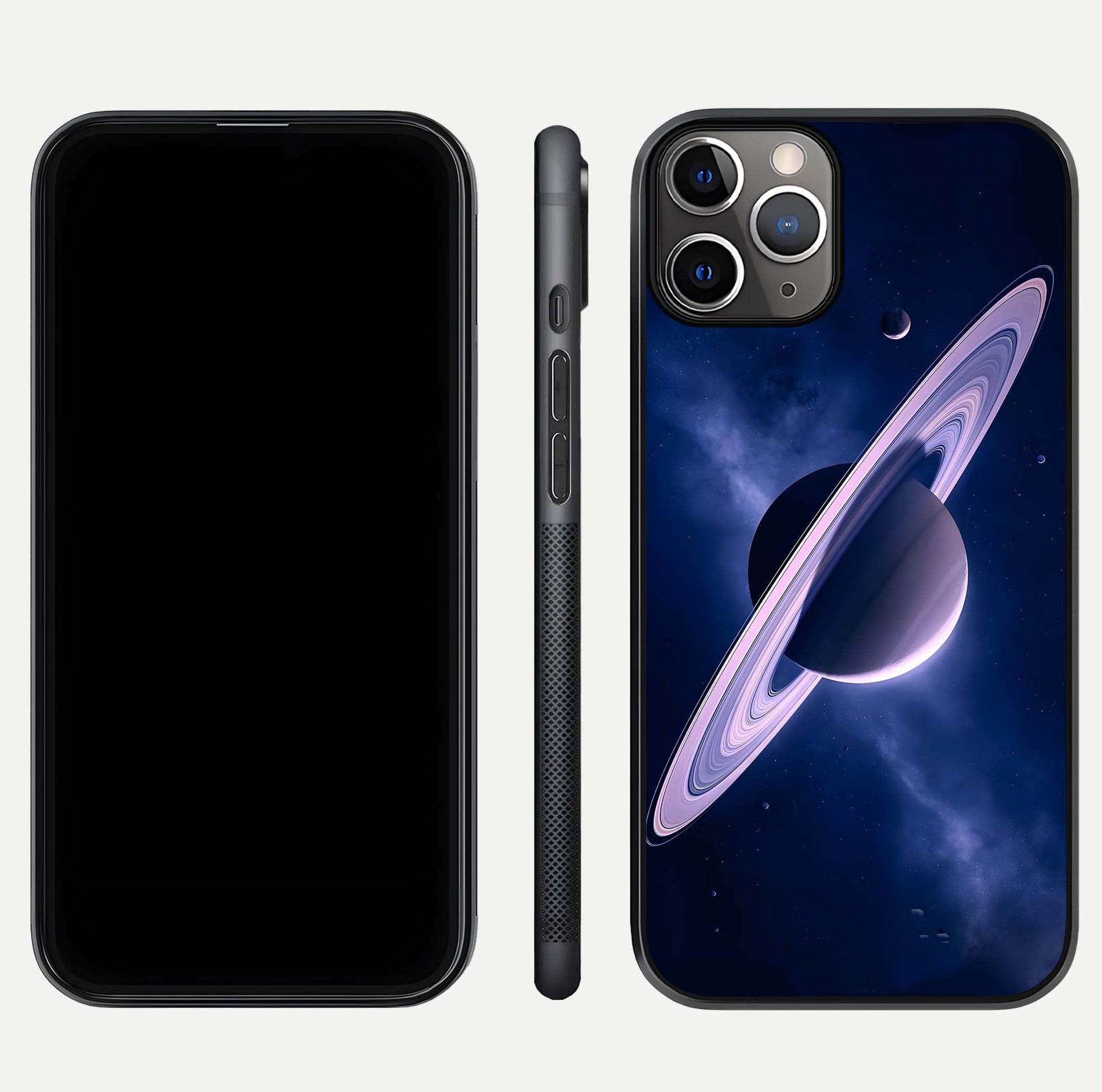 Saturn Ring Mystique Glass Case for iPhone 11 Pro Max close-up angled shot highlighting ring detail and HD reflection