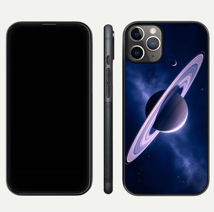 Saturn Ring Mystique Glass Case for iPhone 11 Pro Max close-up angled shot highlighting ring detail and HD reflection