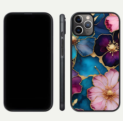 Sparkle Floral Glass Case for iPhone 11 Pro Max close-up angled shot highlighting shimmer details and reflection