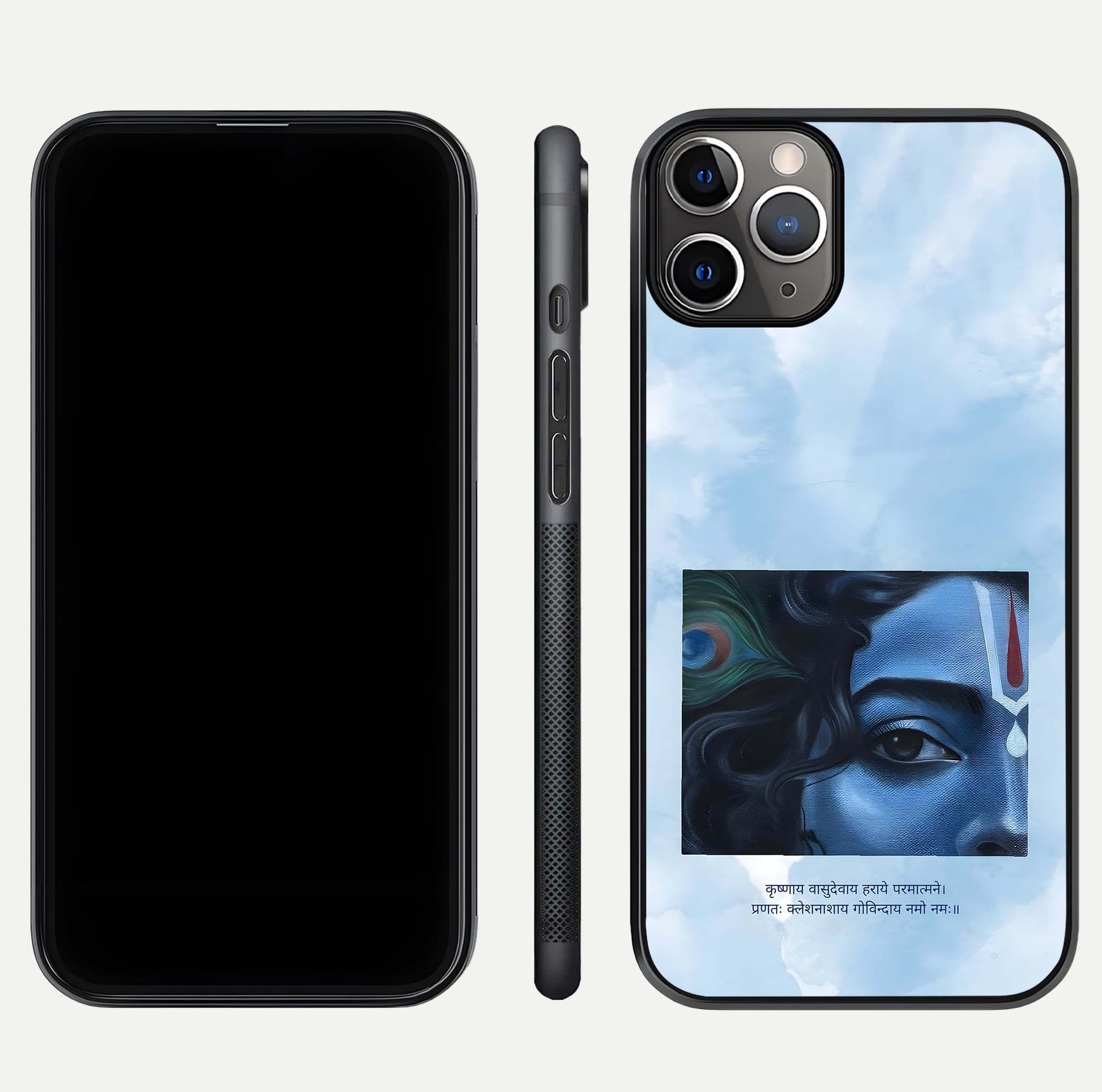 Spiritual Krishna Glass Case for iPhone 16 Pro close-up angled shot showing HD print, color tone, and reflection