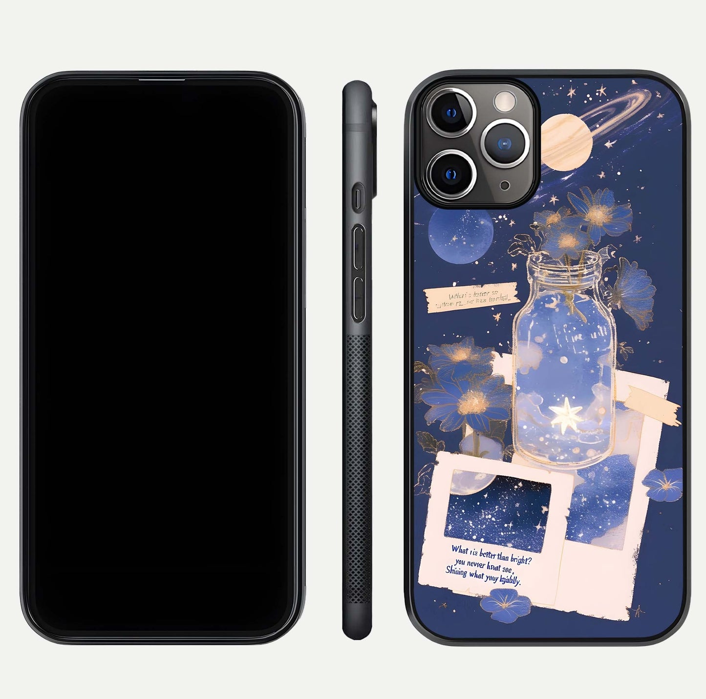 Starlit Cosmic Jar Glass Case for iPhone 11 Pro Max close-up angled shot highlighting stars, reflections, and HD shine