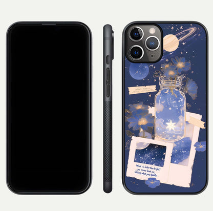 Starlit Cosmic Jar Glass Case for iPhone 11 Pro Max close-up angled shot highlighting stars, reflections, and HD shine